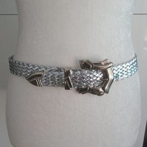 Braided Woven Leather Belt Silver Tone Hardware in Silver Color Size Small
